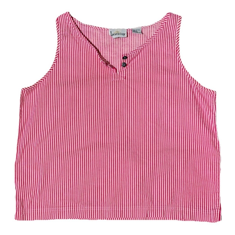 Vintage 90s Striped Tank Top Large Pink White Henley Button Cotton Grandmacore